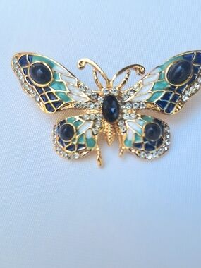 Gold Overlay Butterfly Brooch with Blue and Teal Enamel